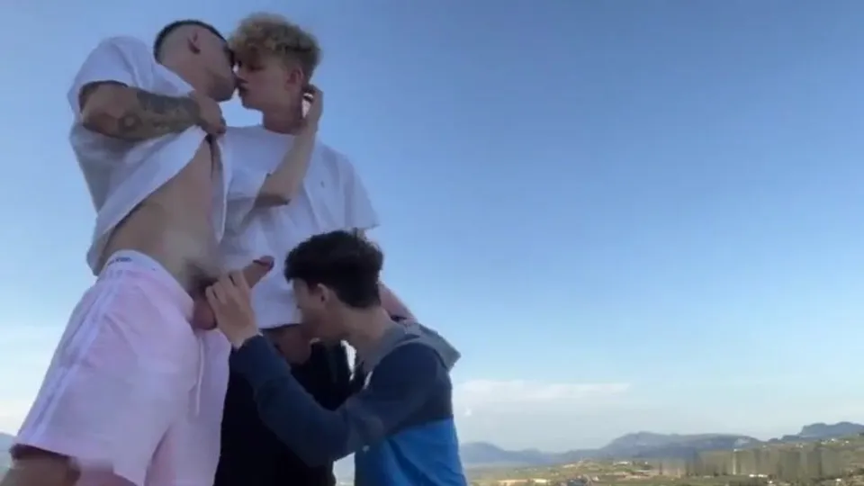 young men explore outdoor intimacy with kisses and oral sex