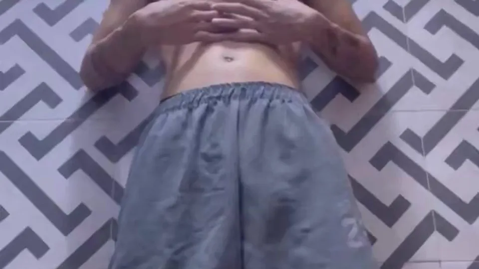 20 yo with tattoos flexes and jerks-off. Nice bush and dick.