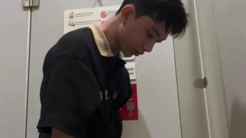 Asian Man Cums in Public Bathroom