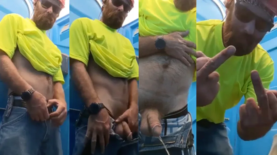 Bearded ginger tradie taking a piss in the porta potty - ThisVid.com