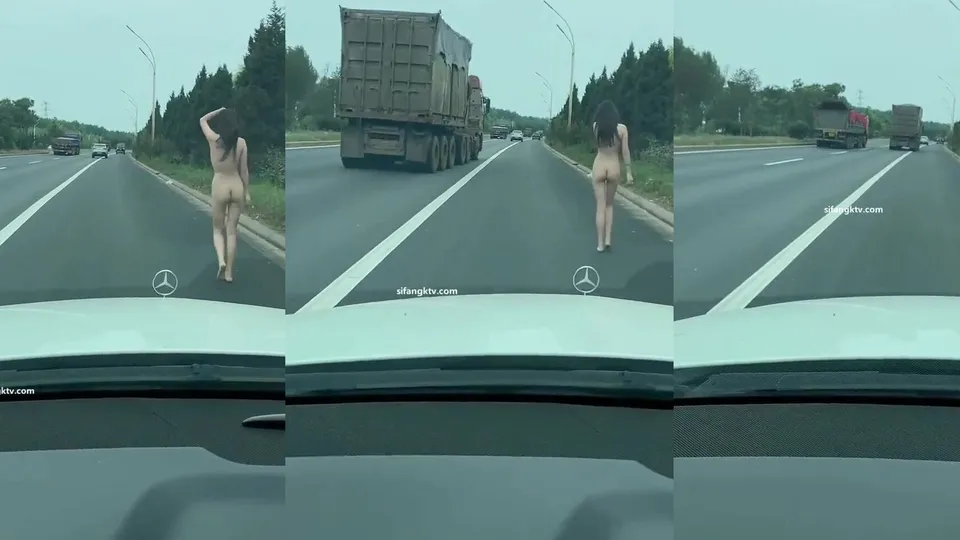 Beautiful girl with small breasts exposed completely on the street 