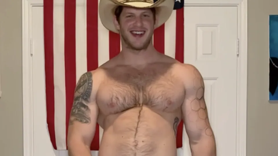 Beefy hairy cowboy putting on show, jerking & cumming - ThisVid.com