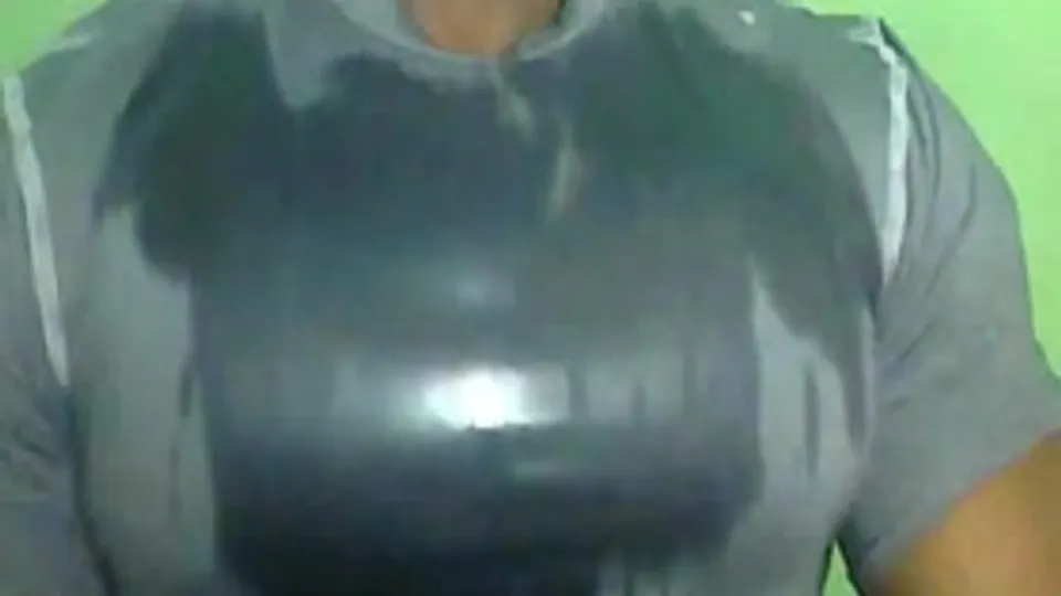 Big Bodybuilder worshipping pecs in tight and wet tshirt