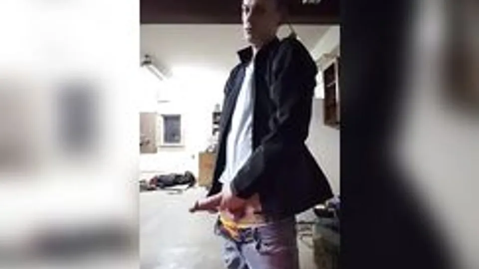 big dick twink wanks in garage eats his cum