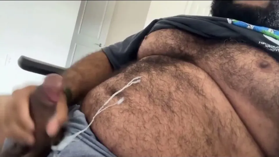 Hairy Bear Jerks Off, Cums on Belly