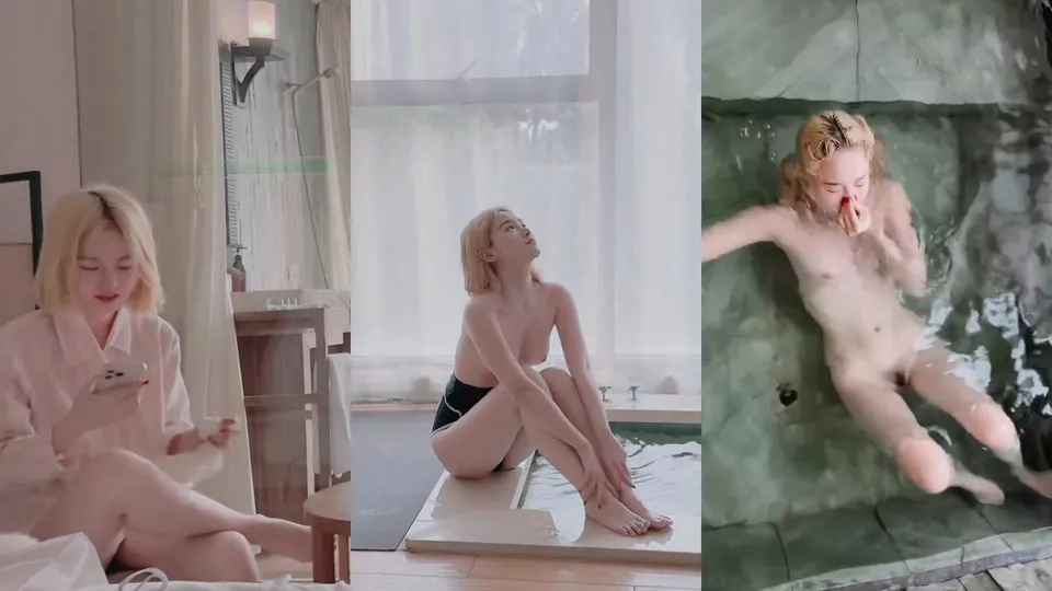 Blonde girl takes photos in hotel bath 