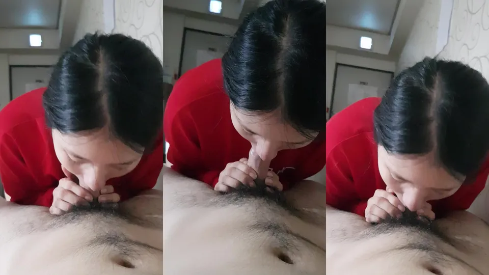 Blowjob from the sweet girl in red clothes  