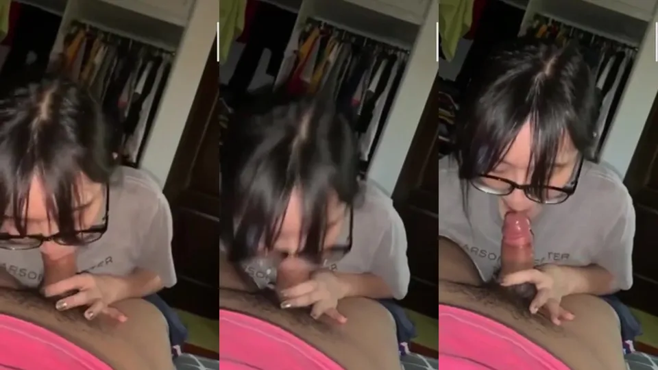 Blowjob of a big-boobed schoolgirl with glasses 