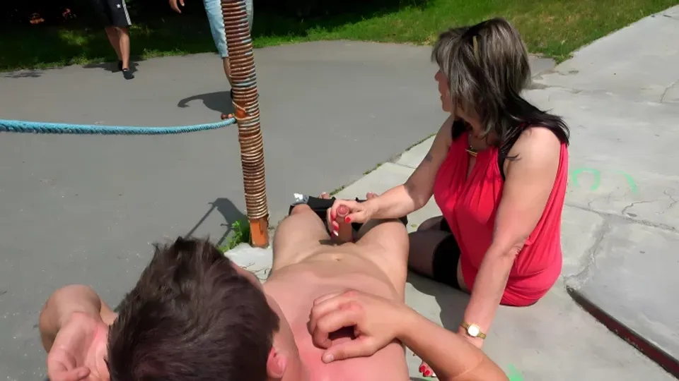 Brunette MILF Strokes Him Outdoors