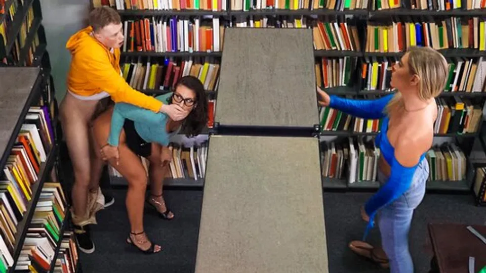 Brunette standing up fucked with a student in the library 