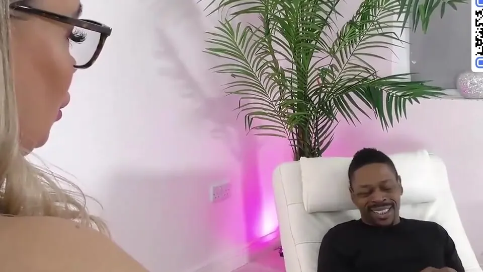 Busty towheaded gives black man a deep blowjob