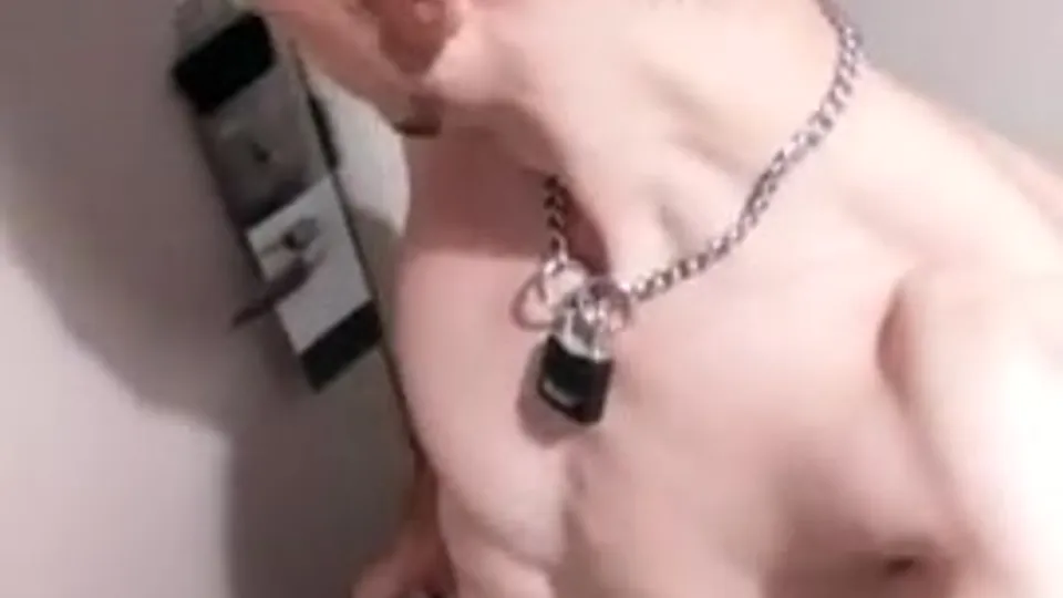Caged guy cums in hotel hallway - ThisVid.com