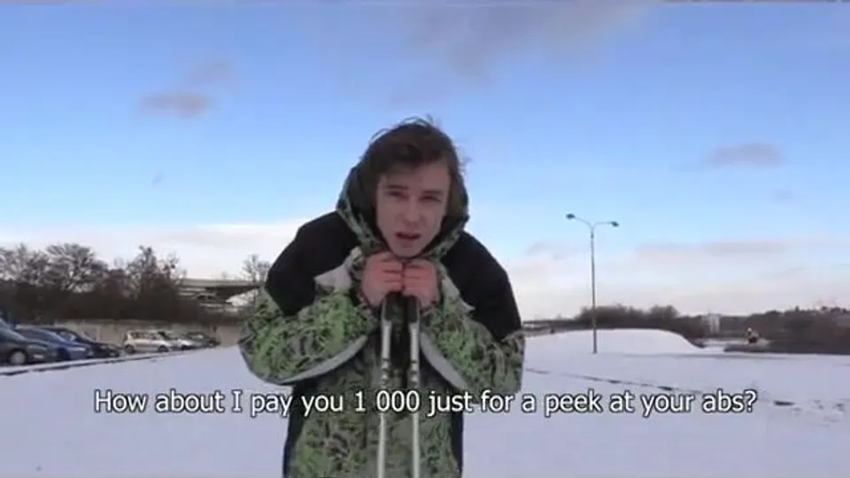 CH 285, Camera guy pays a young guy in green and black skiing jacket to suck and be f