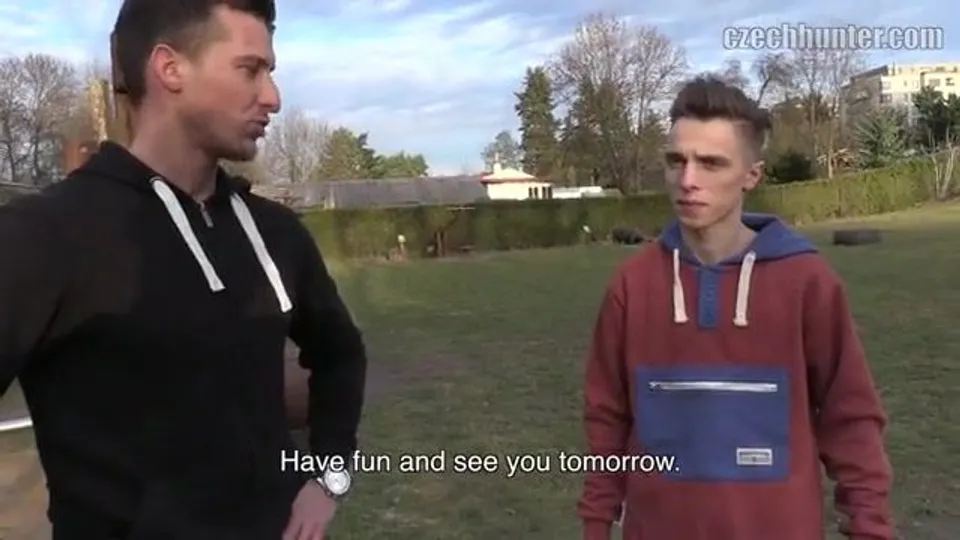 CH 293, Camera guy pays 2 young guys, one in black sports hoodie, the other in red an