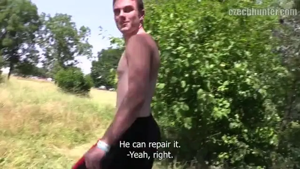 CH 310, Camera guy pays 3 bare-chested young guys in shorts to suck and be fucked