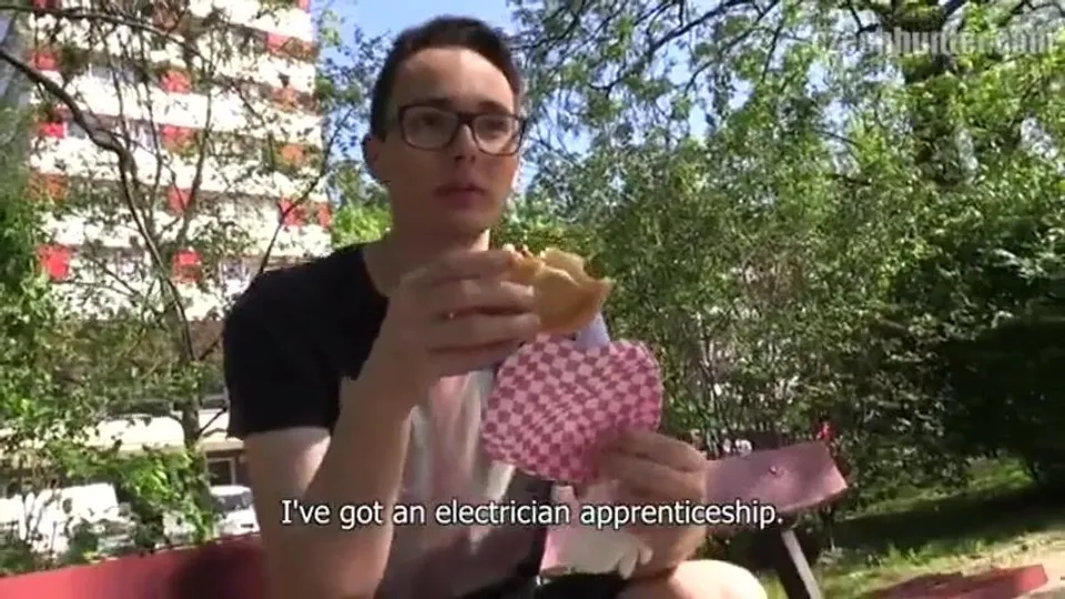 CH 355, Camera guy pays a young guy in black T with  faded Union Flag to suck and be