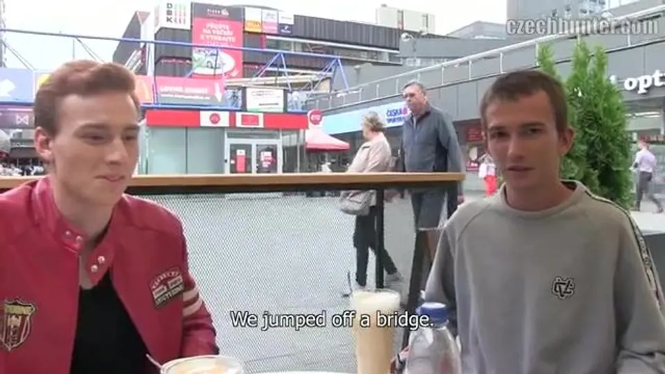 CH 362, Camera guy pays 2 young guys, one in grey top, the other in red jacket, to su