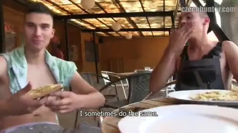 CH 368, Camera guy pays 2 young guys eating Pizza to suck and be fucked