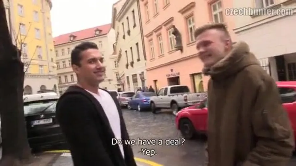 CH 384, Camera guy pays 2 young guys, one in a brown Parka, the other in a white T an