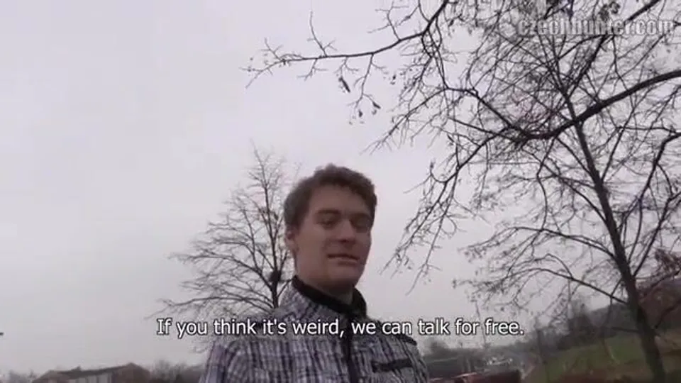 CH 387, Camera guy pays a young guy in a black white and grey patterned jacket, to su