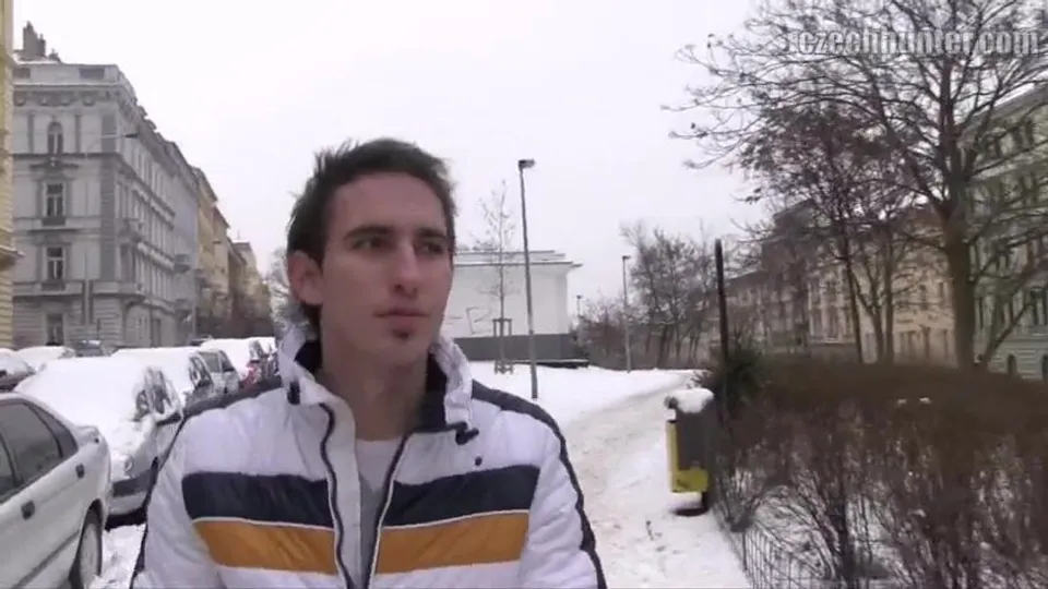 CH 395, Camera guy pays a young guy in white winter jacket with black and brown strip