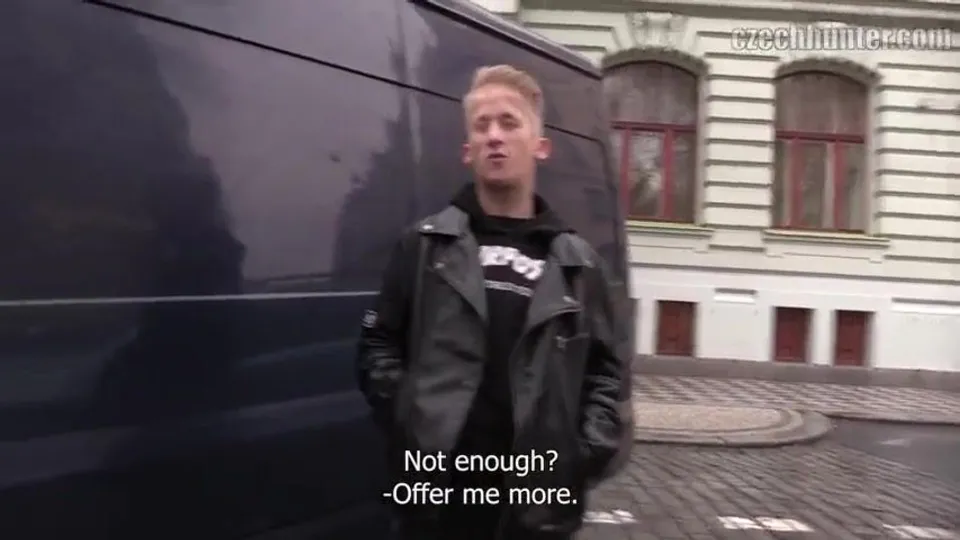 CH 397, Camera guy pays a young guy in black leather jacket and "Purpose" T, to suck