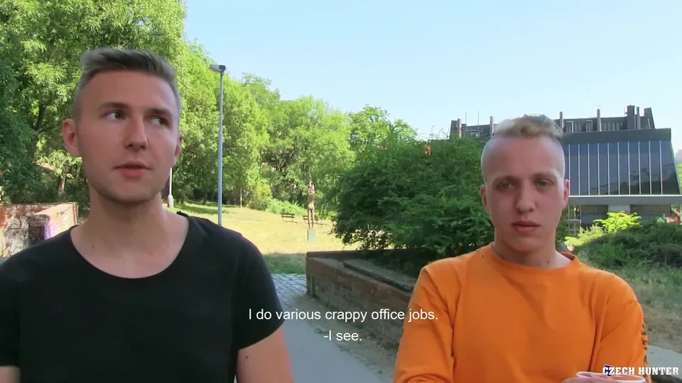 CH 451, Camera guy pays 2 young guys, one in black T , the other in orange top, to su