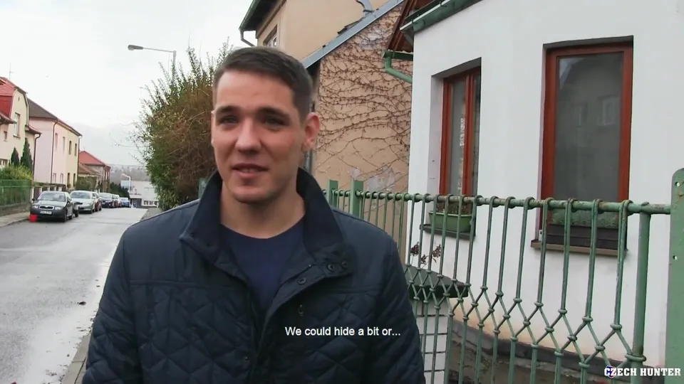 CH 490, Camera guy pays a young guy in a blue T and a dark blue quilted jacket, to su