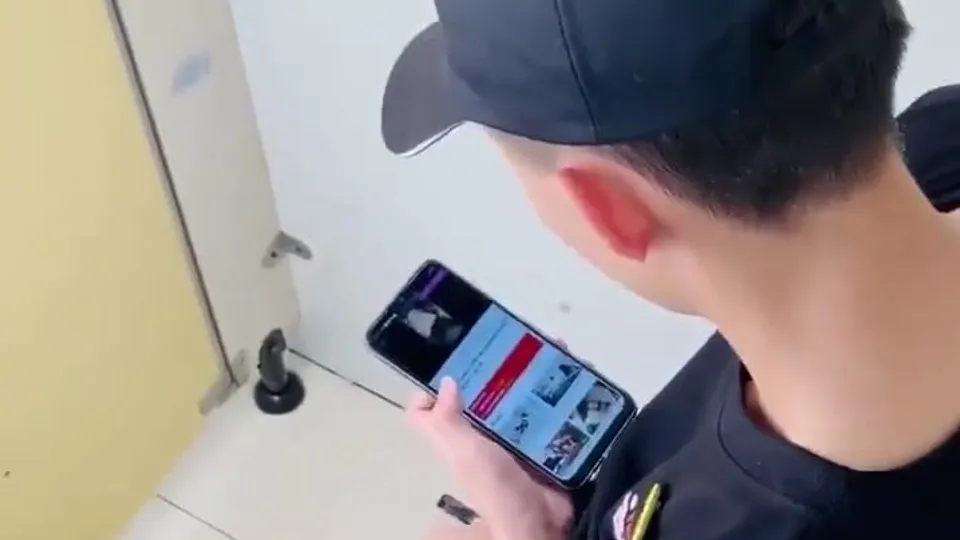 Chinese guy in hat caught jerking in stall
