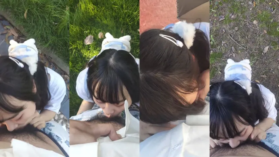 Cute and innocent sister helps the owner to give oral sex outdoors 