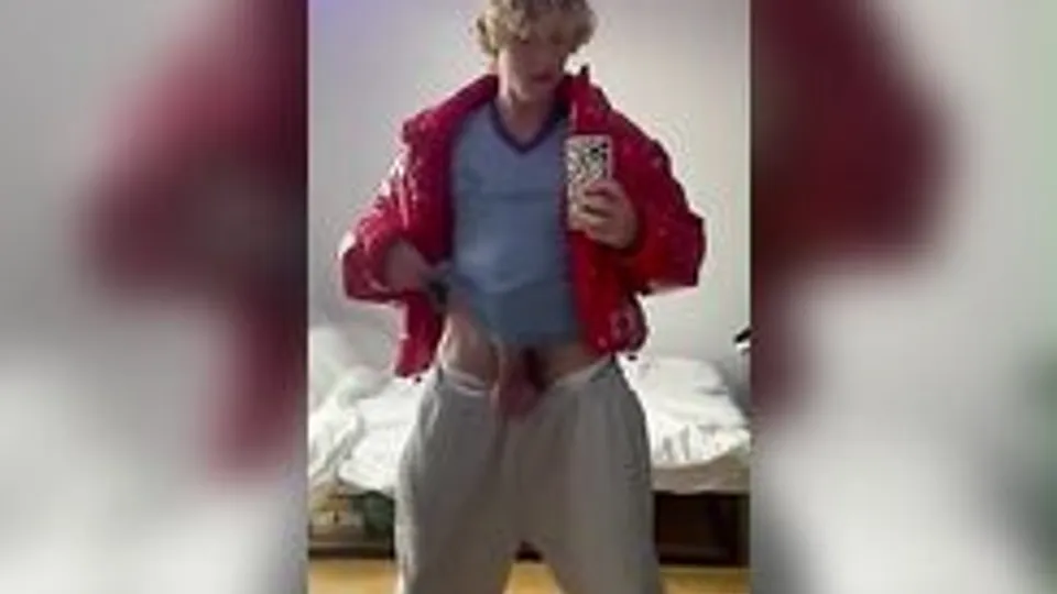 cute  blonde red jacket giy wanking