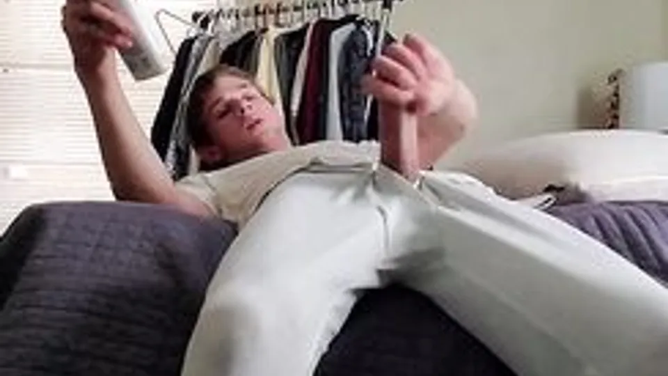 cute blonde ultra big cock wanking in bed