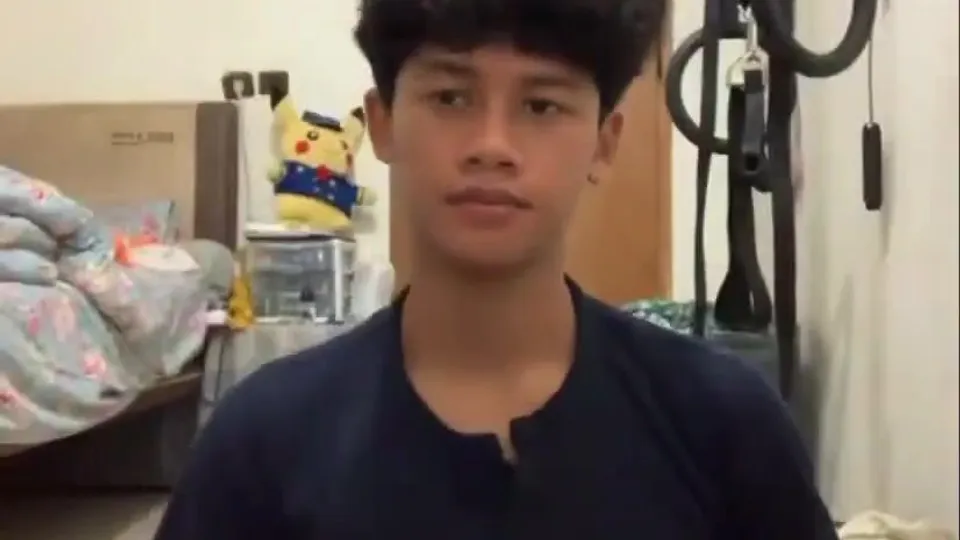 Cute curly haired Indonesian boy baited and cums