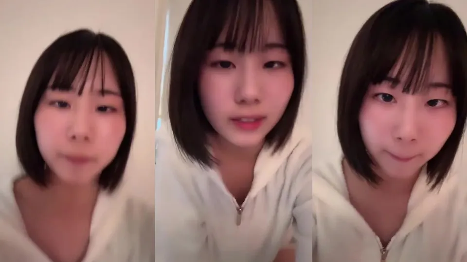 Cute squint girl flashes and flirts 