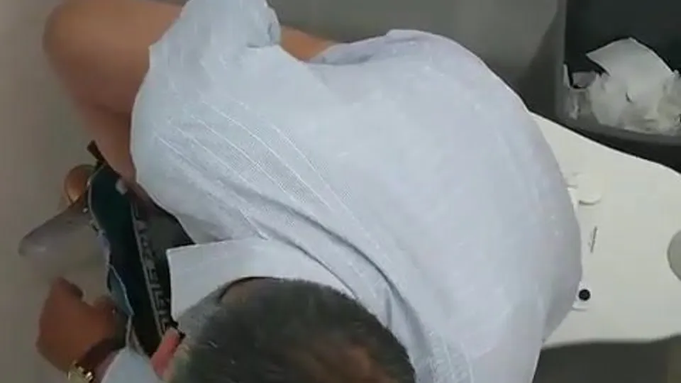 Dad with glasses sucking cock in restroom - ThisVid.com