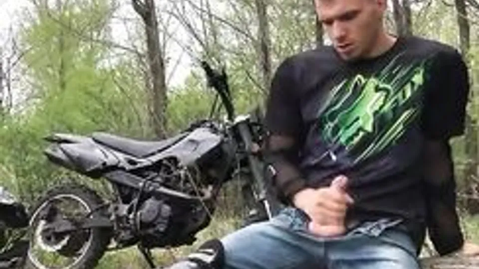 Dirty rider piss, wanks and cums