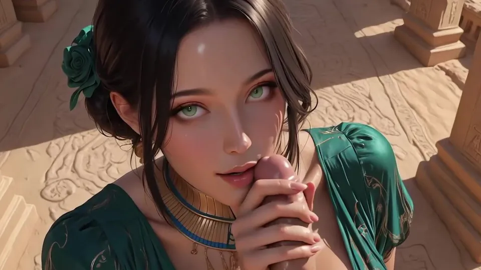 Emerald-eyed goddess is pounded among dunes while thick cum coats her pretty royal face