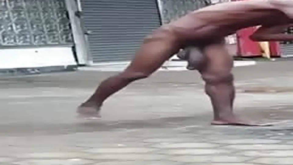 Exhibitionist bum walks and masturbates naked down the street