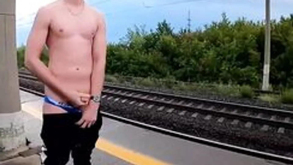 Exhibitionist shoots cum at the train station