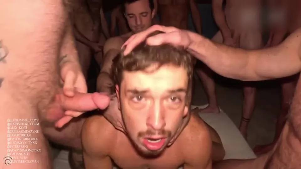 Extreme gangbang - 20+ studs fuck muscular bottom
