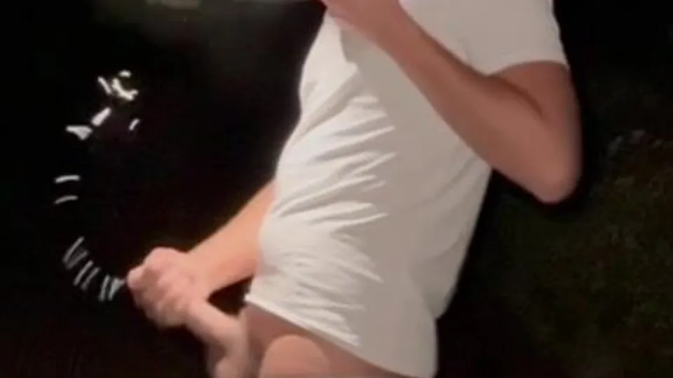 Obscured Boy in White Cums Outdoors