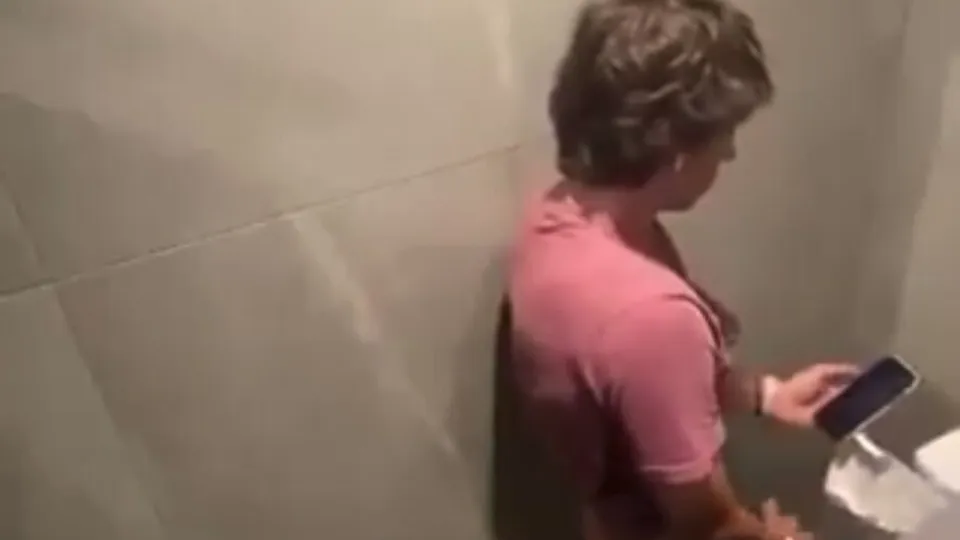 Frat Bro Cums in Public Bathroom Stall