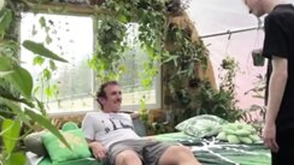 Fucking his femboy on garden bed