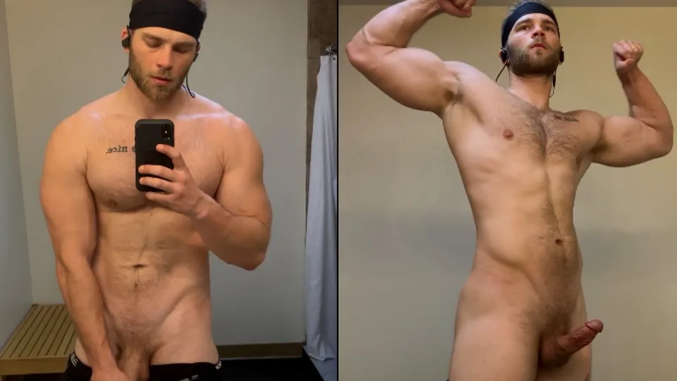Furry muscle stud flexes and shoots a creamy load after workout - ThisVid.com