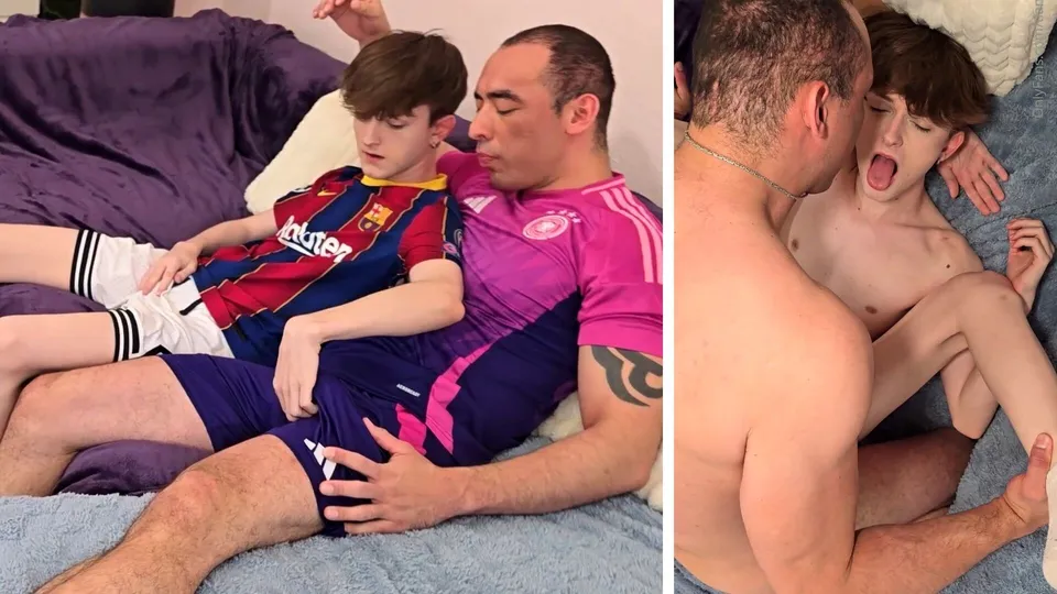Gigantic Daddy & Smooth Tiny Boy get horny while watching sports