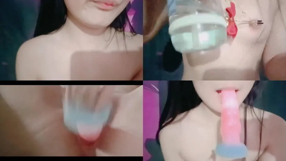 Girls play with nipple clamps and dildos for masturbation and training 