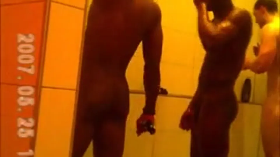 Black Hung Guy Strokes in Shower
