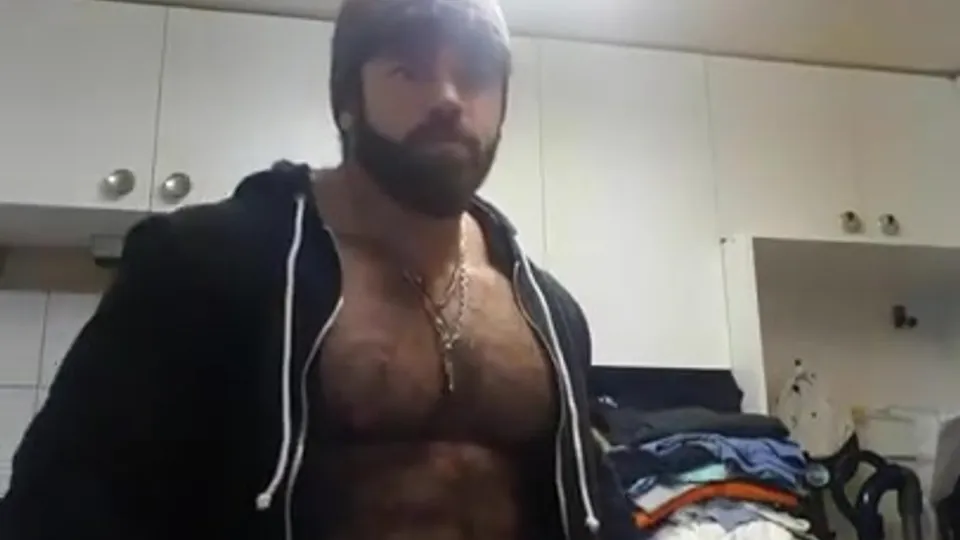 Hairy Muscle Man's Cocky Flex Show