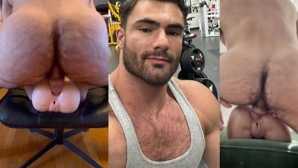 Hairy muscle jock fucking his plastic sex toys