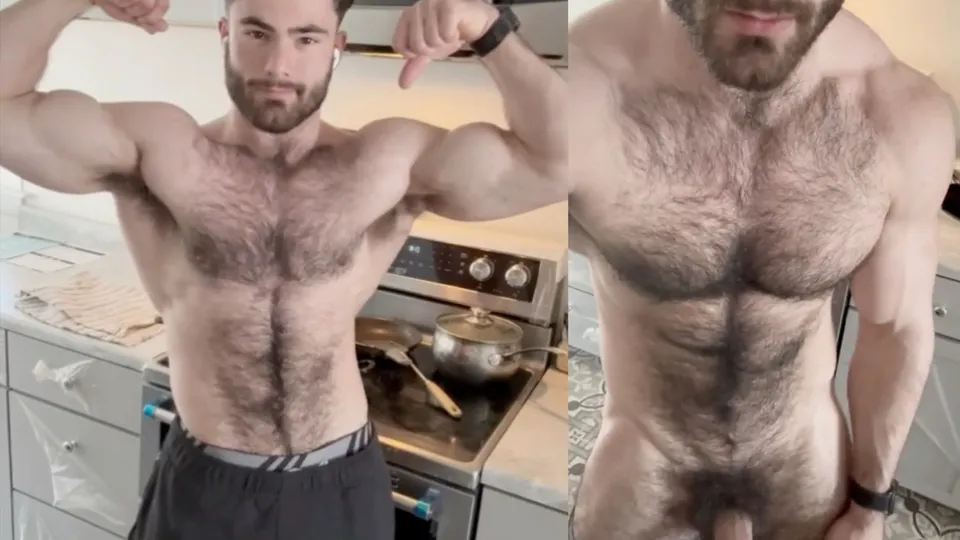 Hairy muscle jock showing off in the kitchen - ThisVid.com